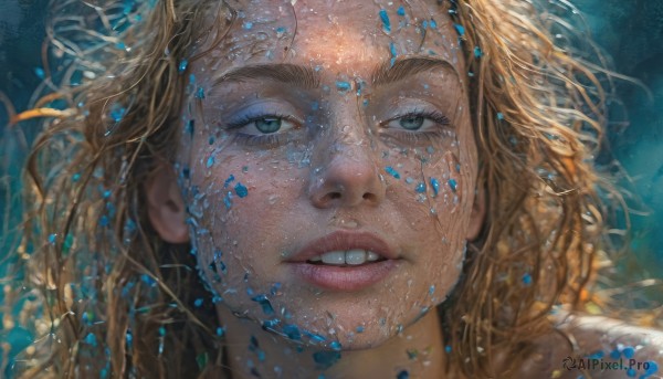 1girl,solo,long hair,looking at viewer,blue eyes,blonde hair,parted lips,teeth,water,lips,eyelashes,traditional media,portrait,close-up,underwater,realistic,nose,green eyes,floating hair,blue background,freckles