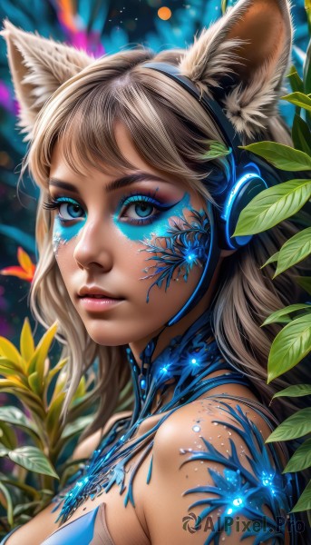 1girl,solo,long hair,breasts,looking at viewer,bangs,blue eyes,blonde hair,brown hair,animal ears,cleavage,bare shoulders,medium breasts,closed mouth,upper body,artist name,cat ears,from side,lips,animal ear fluff,fox ears,eyelashes,makeup,headphones,leaf,watermark,plant,lipstick,portrait,eyeshadow,freckles,nose,eyeliner,mascara,flower,rabbit ears,blurry,realistic,facepaint