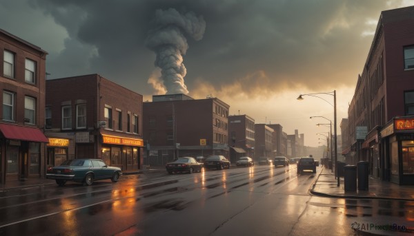 outdoors,sky,cloud,water,no humans,window,night,cloudy sky,ground vehicle,building,scenery,motor vehicle,smoke,reflection,city,sign,car,road,cityscape,vehicle focus,lamppost,street,puddle,traffic light,pavement,crosswalk,rain,sunset,explosion,evening