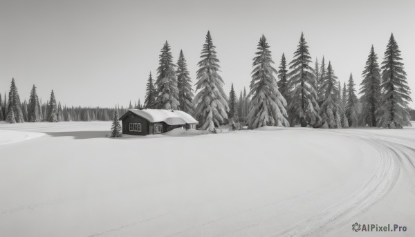 monochrome,greyscale,outdoors,sky,tree,no humans,ground vehicle,nature,scenery,motor vehicle,snow,forest,mountain,car,road,house,winter,bare tree,landscape,pine tree,watermark