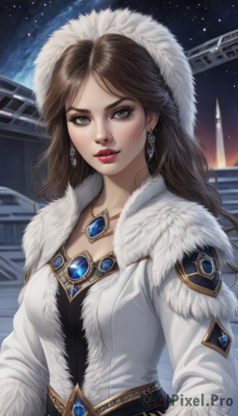 1girl,solo,long hair,breasts,looking at viewer,brown hair,long sleeves,jewelry,medium breasts,upper body,earrings,parted lips,sky,belt,hood,necklace,lips,coat,grey eyes,fur trim,makeup,night,lipstick,gem,star (sky),night sky,pendant,starry sky,white coat,red lips,fur-trimmed coat,bangs,dress,brown eyes,jacket,outdoors,parted bangs,eyelashes,eyeshadow,realistic,crystal earrings