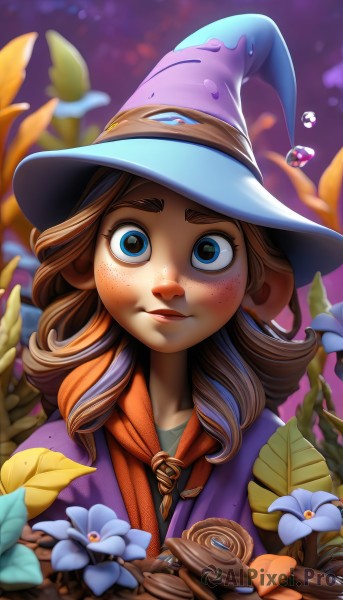 1girl,solo,long hair,looking at viewer,blush,smile,blue eyes,brown hair,hat,closed mouth,upper body,flower,artist name,medium hair,blurry,lips,witch hat,blurry background,leaf,thick eyebrows,plant,blue headwear,freckles,blue flower,curly hair,wide-eyed,nose,witch,purple headwear,mushroom,coin