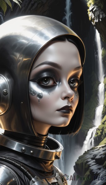 1girl,solo,looking at viewer,short hair,brown hair,black hair,parted lips,water,armor,black eyes,lips,grey eyes,eyelashes,makeup,leaf,helmet,lipstick,portrait,science fiction,realistic,nose,facepaint,cyborg,waterfall,spacesuit,black lips,brown eyes,upper body,teeth,shiny,from side,facial mark,bob cut,pale skin,forehead