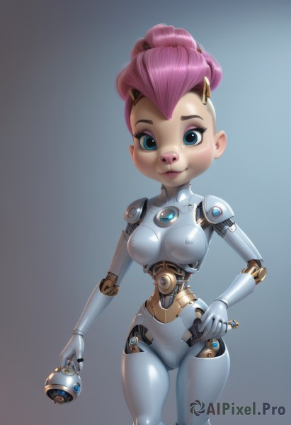 1girl,solo,breasts,looking at viewer,smile,short hair,blue eyes,simple background,holding,medium breasts,standing,weapon,pink hair,parted lips,shiny,grey background,lips,hand on hip,gun,bodysuit,makeup,robot,skin tight,eyeshadow,science fiction,android,joints,cyborg,robot joints,pig ears,nude,cowboy shot,small breasts,gradient,gradient background,eyelashes,nose,eyeliner,mechanical arms,doll joints,single mechanical arm,wrench,mechanical parts,humanoid robot,screw