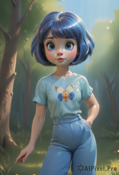 1girl,solo,looking at viewer,blush,smile,short hair,bangs,blue eyes,shirt,black hair,blue hair,standing,collarbone,flower,short sleeves,cowboy shot,outdoors,parted lips,teeth,day,shiny,pants,artist name,blurry,shiny hair,tree,lips,hand on hip,eyelashes,blurry background,sunlight,bob cut,grass,blue shirt,denim,t-shirt,child,nature,forest,arm behind back,arm at side,contrapposto,hand in pocket,jeans,yellow flower,blue pants,female child,shirt tucked in,print shirt