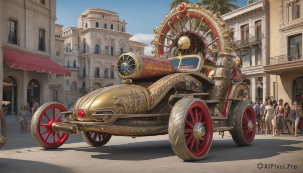 multiple girls,hat,dress,outdoors,multiple boys,sky,day,cloud,tree,blue sky,window,shadow,ground vehicle,building,scenery,motor vehicle,6+boys,city,palm tree,car,road,vehicle focus,street,crowd,wheel,people,steampunk,long hair,brown hair,black hair,white dress,no humans,6+girls,walking