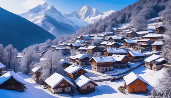 outdoors,sky,day,cloud,signature,tree,blue sky,no humans,window,building,nature,scenery,snow,forest,mountain,house,winter,bare tree,landscape,mountainous horizon,town,pine tree,water,river