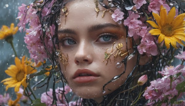 1girl, solo, blue eyes, black hair, hair ornament, flower, parted lips, teeth, water, blurry, lips, eyelashes, portrait, close-up, pink flower, freckles, rain, water drop, realistic, yellow flower, nose