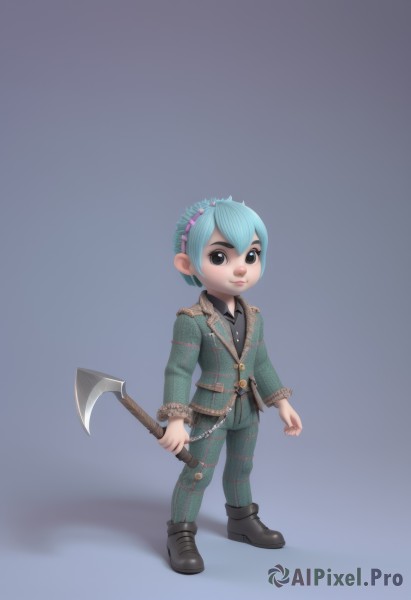 1girl,solo,looking at viewer,short hair,simple background,shirt,long sleeves,1boy,holding,closed mouth,blue hair,standing,jacket,full body,weapon,male focus,hairband,boots,belt,pants,black footwear,holding weapon,black eyes,plaid,aqua hair,chain,child,axe,blue eyes,male child,holding axe