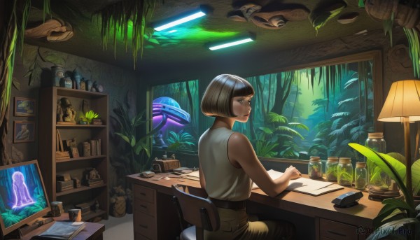 1girl,solo,short hair,bangs,brown hair,shirt,black hair,bare shoulders,brown eyes,sitting,white shirt,glasses,sleeveless,pants,indoors,blunt bangs,from behind,tree,cup,book,window,sleeveless shirt,profile,leaf,chair,table,bob cut,bottle,plant,nature,scenery,desk,science fiction,paper,pen,lamp,brown pants,mushroom,jar,desk lamp,belt,from side,lips,mug,potted plant,photo (object),shelf,hourglass