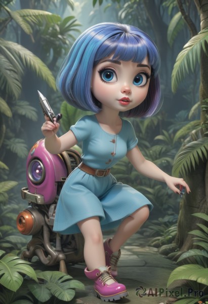 1girl,solo,looking at viewer,short hair,bangs,blue eyes,dress,holding,blue hair,full body,short sleeves,small breasts,outdoors,parted lips,shoes,teeth,day,belt,artist name,signature,blunt bangs,nail polish,tree,lips,eyelashes,makeup,blue dress,watermark,bob cut,thick eyebrows,blue shirt,robot,child,nature,buckle,forest,red lips,female child,brown belt,scissors,wrench,deviantart username,screwdriver,breasts,shirt,standing,weapon,holding weapon,fingernails,gun,leaf,sunlight,knife,plant,lipstick,sneakers,holding gun,web address,pink lips,nose,pink footwear