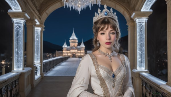 1girl,solo,long hair,breasts,looking at viewer,brown hair,long sleeves,dress,cleavage,brown eyes,jewelry,medium breasts,closed mouth,upper body,earrings,sky,choker,necklace,white dress,lips,night,tiara,crown,lipstick,building,gem,night sky,stairs,realistic,railing,red lips,candle,architecture,church,balcony,makeup,castle