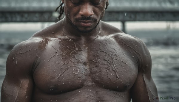 solo,smile,short hair,black hair,1boy,closed mouth,nipples,upper body,male focus,nude,dark skin,blurry,wet,muscular,blurry background,facial hair,abs,dark-skinned male,pectorals,muscular male,bara,facing viewer,beard,large pectorals,veins,mature male,realistic,mustache,pool,manly,chest hair,hairy,pectoral focus,brown hair,water,head out of frame,wet hair