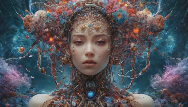 A android surrounded by a lush dynamic scene