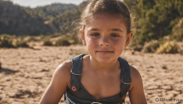 1girl,solo,breasts,looking at viewer,smile,short hair,blue eyes,blonde hair,brown hair,bare shoulders,closed mouth,upper body,small breasts,outdoors,day,blurry,black eyes,lips,blurry background,child,freckles,realistic,female child,overalls,dirty,dirty face,naked overalls,1boy,male focus,depth of field,thick eyebrows,male child,downblouse