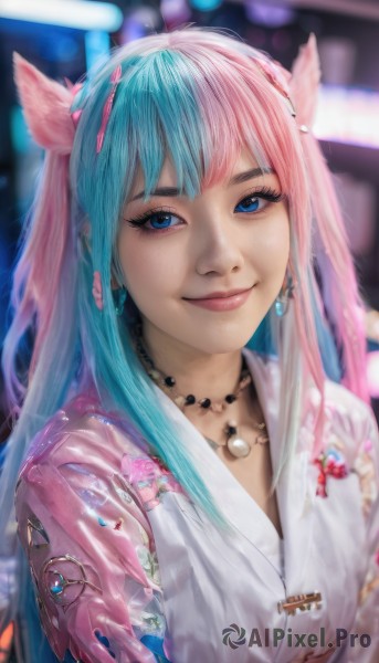 1girl,solo,long hair,looking at viewer,smile,bangs,blue eyes,hair ornament,animal ears,jewelry,closed mouth,blue hair,upper body,pink hair,multicolored hair,earrings,japanese clothes,kimono,necklace,blurry,two-tone hair,lips,eyelashes,aqua hair,makeup,depth of field,blurry background,ring,eyeshadow,beads,white kimono,realistic,nose,mascara,artist name,virtual youtuber,split-color hair