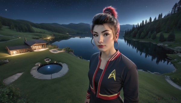 1girl,solo,looking at viewer,smile,short hair,brown hair,black hair,brown eyes,jewelry,jacket,upper body,ponytail,red hair,multicolored hair,earrings,outdoors,sky,water,hair bun,tree,lips,makeup,night,single hair bun,grass,star (sky),nature,night sky,scenery,starry sky,mountain,nose,house,lake,tent,building,freckles,reflection,realistic,road,river,landscape,path