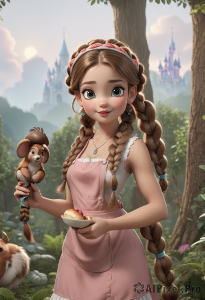 1girl,solo,long hair,breasts,looking at viewer,blush,smile,brown hair,dress,holding,bare shoulders,jewelry,very long hair,green eyes,standing,collarbone,braid,flower,cowboy shot,hairband,earrings,small breasts,outdoors,food,sky,sleeveless,day,artist name,cloud,necklace,blurry,apron,twin braids,tree,lips,bare arms,fruit,sleeveless dress,blurry background,animal,grass,pink dress,nature,forehead,freckles,bowl,sun,red lips,mushroom,egg,castle,holding bowl,pink apron,squirrel,blue eyes,parted lips,thick eyebrows