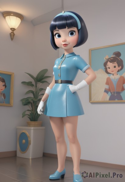 1girl,solo,breasts,looking at viewer,smile,short hair,bangs,blue eyes,brown hair,black hair,gloves,dress,closed mouth,standing,full body,short sleeves,hairband,small breasts,one eye closed,shoes,belt,indoors,white gloves,signature,blunt bangs,high heels,lips,hand on hip,blue dress,short dress,bob cut,plant,reflection,black belt,blue footwear,tiles,female child,potted plant,blue hairband,parted lips,red lips,lamp