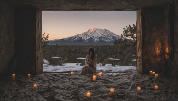 1girl,solo,long hair,black hair,long sleeves,dress,sitting,outdoors,japanese clothes,indoors,tree,window,fire,nature,scenery,snow,robe,lantern,mountain,candle,wide shot,winter,bare tree,closed eyes,sky,seiza,rock