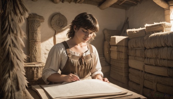 1girl,solo,short hair,bangs,brown hair,shirt,black hair,long sleeves,holding,sitting,closed mouth,collarbone,closed eyes,white shirt,upper body,one eye closed,indoors,tree,lips,book,table,sunlight,paper,open book,realistic,basket,pen,lamp,sepia,book stack,writing,quill