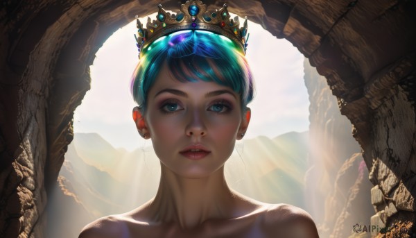 1girl,solo,looking at viewer,short hair,bangs,blue eyes,bare shoulders,jewelry,blue hair,collarbone,upper body,earrings,outdoors,parted lips,teeth,day,aqua eyes,lips,eyelashes,aqua hair,makeup,sunlight,tiara,crown,gem,portrait,mountain,realistic,sky,scenery,backlighting