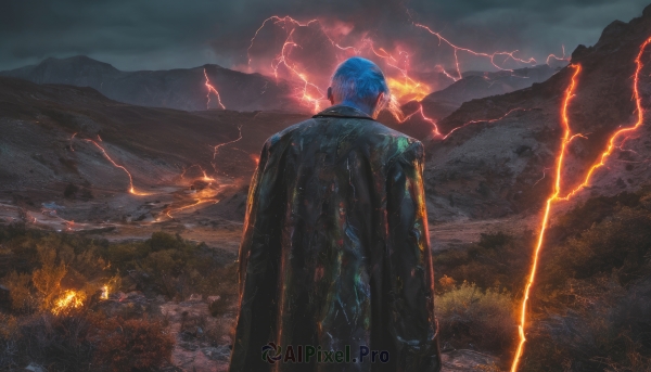 solo,short hair,1boy,blue hair,standing,male focus,outdoors,sky,cloud,from behind,cape,cloudy sky,grass,fire,scenery,mountain,electricity,facing away,lightning,molten rock,jacket,signature,tree,nature,smoke,rain,mountainous horizon