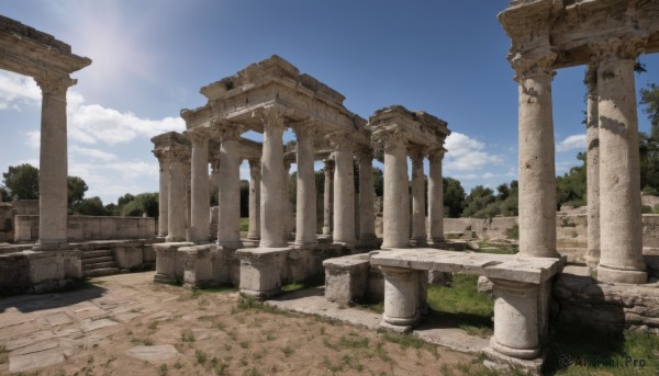 outdoors,sky,day,cloud,tree,blue sky,no humans,sunlight,cloudy sky,grass,scenery,sun,ruins,pillar,arch,column,plant,rock