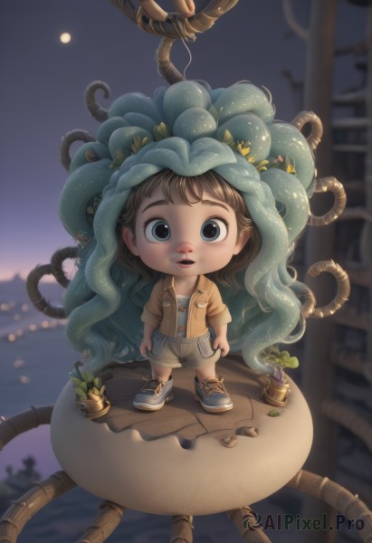 1girl,solo,looking at viewer,short hair,open mouth,bangs,blue eyes,brown hair,shirt,standing,jacket,full body,outdoors,parted lips,shoes,shorts,teeth,blurry,night,depth of field,blurry background,leaf,moon,plant,sneakers,child,tentacles,full moon,pocket,on head,female child,overalls,long hair,chibi,open jacket,lips,blue footwear