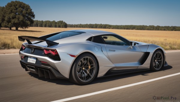 outdoors,sky,day,artist name,tree,blue sky,no humans,shadow,watermark,ground vehicle,motor vehicle,logo,car,road,vehicle focus,wheel,sports car,solo,from side