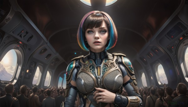 1girl,breasts,looking at viewer,short hair,bangs,blue eyes,brown hair,black hair,brown eyes,medium breasts,blue hair,upper body,multicolored hair,parted lips,detached sleeves,multiple boys,teeth,solo focus,indoors,armor,two-tone hair,lips,streaked hair,grey eyes,bodysuit,makeup,bob cut,helmet,shoulder armor,science fiction,6+boys,breastplate,realistic,nose,power armor,spacesuit,gorget,solo,planet,crowd,spacecraft