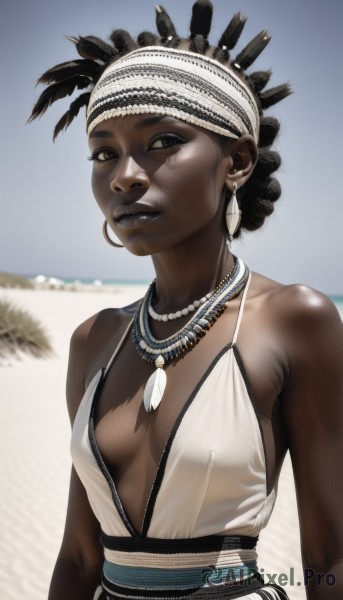 1girl,solo,breasts,looking at viewer,smile,short hair,black hair,dress,cleavage,bare shoulders,brown eyes,jewelry,medium breasts,upper body,earrings,small breasts,outdoors,parted lips,day,dark skin,necklace,white dress,blurry,dark-skinned female,lips,sash,no bra,depth of field,blurry background,headband,halterneck,beach,feathers,breasts apart,hoop earrings,realistic,nose,very dark skin,dreadlocks,plunging neckline,hair ornament,piercing,headdress,feather hair ornament,tribal