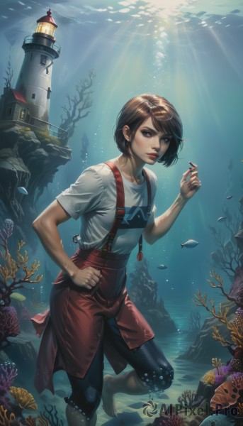 1girl,solo,looking at viewer,short hair,brown hair,shirt,brown eyes,white shirt,short sleeves,parted lips,barefoot,pants,water,apron,lips,makeup,swept bangs,ocean,sunlight,suspenders,lipstick,t-shirt,fish,bubble,light rays,underwater,clock,red lips,overalls,air bubble,sunbeam,swimming,coral,bangs,shorts,black eyes,hand on hip,rock,nose,castle,submerged,freediving