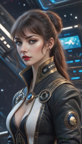 1girl,solo,long hair,breasts,looking at viewer,bangs,brown hair,cleavage,brown eyes,jewelry,medium breasts,jacket,upper body,ponytail,earrings,parted lips,open clothes,blurry,lips,black jacket,grey eyes,makeup,blurry background,lipstick,freckles,science fiction,realistic,nose,red lips,closed mouth,artist name,signature,necklace,from side,eyelashes,bodysuit