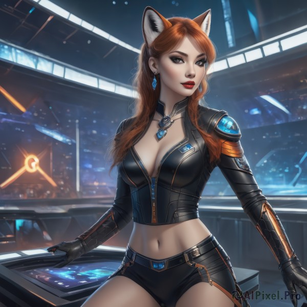 1girl,solo,long hair,breasts,looking at viewer,large breasts,brown hair,gloves,navel,animal ears,cleavage,brown eyes,jewelry,medium breasts,sitting,jacket,cowboy shot,earrings,shorts,black gloves,midriff,belt,cat ears,necklace,armor,lips,crop top,fox ears,short shorts,makeup,night,black shorts,lipstick,ground vehicle,motor vehicle,zipper,cropped jacket,red lips,eyeliner,bangs,long sleeves,closed mouth,collarbone,red hair,parted lips,artist name,signature,orange hair,mole,parted bangs,grey eyes,arm support,watermark,wavy hair,fox girl,web address,pendant,science fiction,realistic,shrug (clothing)