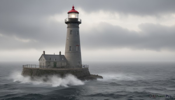 outdoors,sky,cloud,water,no humans,ocean,cloudy sky,building,scenery,watercraft,ship,waves,tower,smokestack,fog,grey sky,overcast,lighthouse,horizon