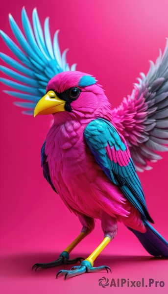 solo,simple background,standing,full body,wings,from side,pokemon (creature),no humans,shadow,bird,animal,pink background,feathers,realistic,animal focus,talons,beak,spread wings,blue feathers,parrot,closed mouth