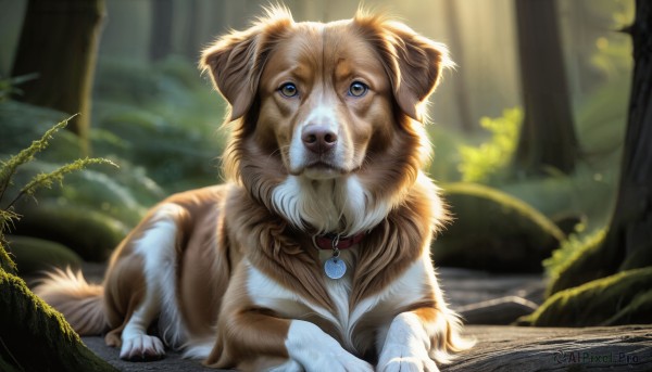 HQ,solo,looking at viewer,blue eyes,outdoors,day,blurry,collar,tree,no humans,depth of field,blurry background,animal,grass,plant,nature,forest,dog,realistic,animal focus,animal collar,lying,signature,watermark,on stomach,web address,deviantart username