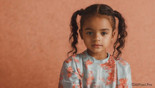 1girl,solo,long hair,looking at viewer,simple background,brown hair,shirt,twintails,brown eyes,closed mouth,white shirt,upper body,black eyes,lips,floral print,child,realistic,female child,black hair,dark skin,curly hair