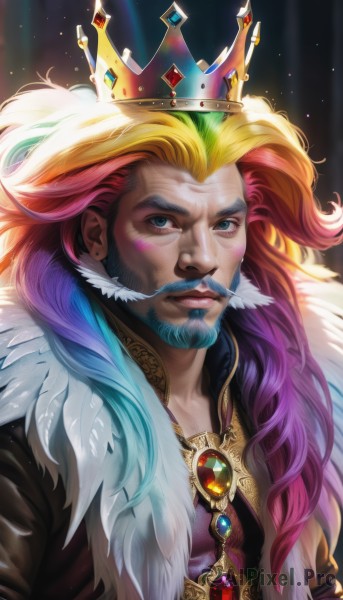 solo,long hair,looking at viewer,blue eyes,blonde hair,1boy,jewelry,blue hair,jacket,upper body,pink hair,male focus,multicolored hair,earrings,open clothes,artist name,signature,necklace,orange hair,two-tone hair,lips,fur trim,facial hair,piercing,thick eyebrows,feathers,crown,gem,beard,realistic,nose,mustache,blue gemstone,rainbow hair,gradient hair