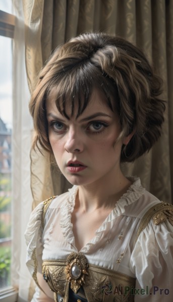 1girl,solo,looking at viewer,short hair,bangs,blue eyes,brown hair,shirt,jewelry,white shirt,upper body,frills,parted lips,day,indoors,mole,blurry,lips,grey eyes,eyelashes,window,blurry background,curtains,brooch,freckles,realistic,nose,frilled shirt,breasts,dress,collarbone,teeth,watermark,blouse,messy hair