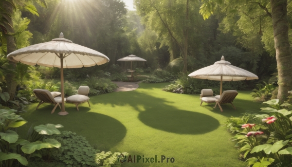 flower,outdoors,day,tree,no humans,shadow,leaf,umbrella,chair,table,sunlight,grass,plant,nature,scenery,forest,light rays,bush,shade,parasol,sunbeam,dappled sunlight,lounge chair,multiple boys