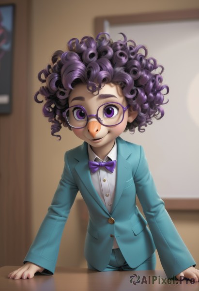 1girl,solo,looking at viewer,smile,1boy,bow,purple eyes,purple hair,male focus,glasses,indoors,dark skin,bowtie,blurry,blurry background,formal,dark-skinned male,suit,aged down,child,androgynous,reflection,curly hair,purple bow,male child,purple bowtie,traditional bowtie,dreadlocks,afro,purple-framed eyewear,short hair,shirt,long sleeves,closed mouth,standing,jacket,white shirt,cowboy shot,collared shirt,pants,flat chest,lips,fingernails,dress shirt,leaning forward,buttons,depth of field,thick eyebrows,blue jacket,messy hair,blue pants,purple jacket