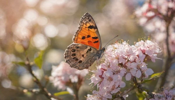 flower, outdoors, day, blurry, tree, no humans, depth of field, blurry background, bug, white flower, cherry blossoms, butterfly, scenery, branch