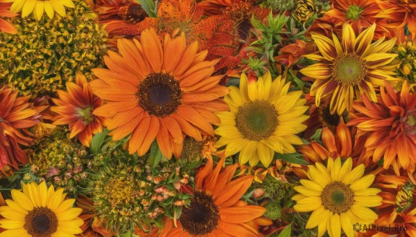 flower,outdoors,no humans,leaf,traditional media,plant,red flower,scenery,yellow flower,sunflower,field,flower field,orange flower,still life,1girl,from above,orange theme