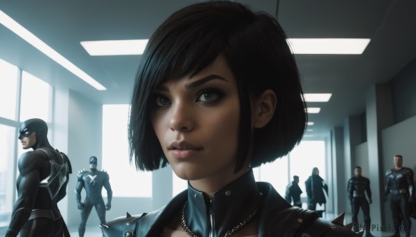 1girl,looking at viewer,short hair,blue eyes,black hair,jewelry,standing,earrings,multiple boys,solo focus,indoors,necklace,armor,lips,bodysuit,mask,bob cut,helmet,spikes,6+boys,realistic,nose,shoulder pads,shoulder spikes,brown hair,superhero