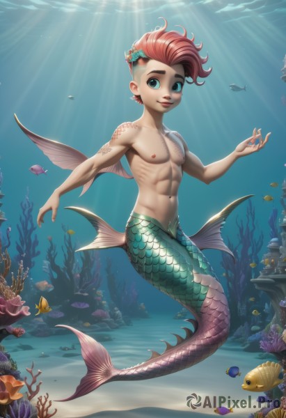 solo,looking at viewer,smile,blue eyes,hair ornament,1boy,navel,nipples,full body,pink hair,flower,male focus,red hair,tattoo,muscular,abs,sunlight,pectorals,muscular male,fish,toned,topless male,light rays,underwater,scales,air bubble,undercut,head fins,toned male,shell,monster boy,starfish,fins,mohawk,coral,clownfish,artist name,ocean,child,bubble,asymmetrical hair,male child,turtle