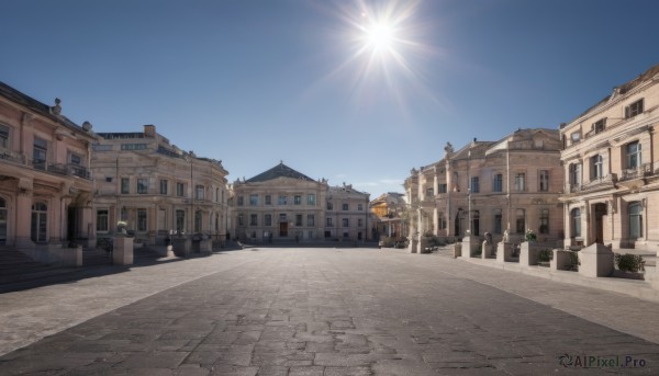 outdoors,sky,day,cloud,tree,blue sky,no humans,window,shadow,sunlight,building,scenery,door,sun,road,house,lamppost,street,town,plant,wall,architecture,church,arch,pavement,stone floor