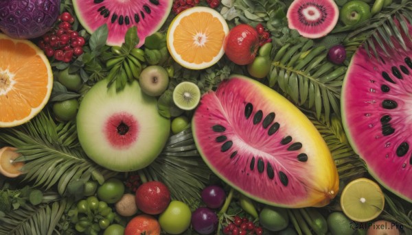 food,no humans,fruit,leaf,plant,realistic,grapes,orange (fruit),food focus,lemon,still life,blueberry,orange slice,berry,melon,kiwi (fruit),pineapple,simple background,from above,strawberry,banana