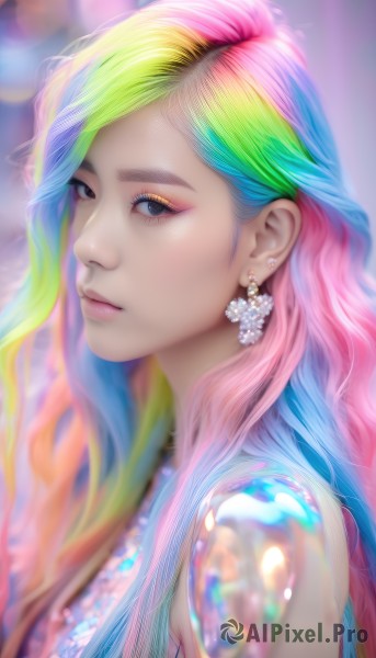 1girl,solo,long hair,looking at viewer,bare shoulders,jewelry,closed mouth,blue hair,upper body,pink hair,multicolored hair,earrings,green hair,blurry,black eyes,from side,lips,eyelashes,makeup,depth of field,blurry background,eyeshadow,personification,pink lips,realistic,nose,eyeliner,rainbow,colorful,mascara,rainbow hair,blue eyes,blonde hair,brown eyes,artist name,necklace,watermark,portrait,web address